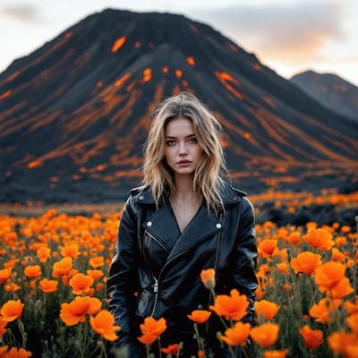 The primary subject of the image is a woman standing in a field of flowers. She is wearing a leather jacket and appears to be posing for the camera. The setting is a beautiful outdoor environment with a mountain in the background. The visual style of the image is a photo, capturing the woman and the flowers in a natural setting. The colors and mood of the image are vibrant and lively, with the woman and the flowers creating a sense of beauty and serenity.